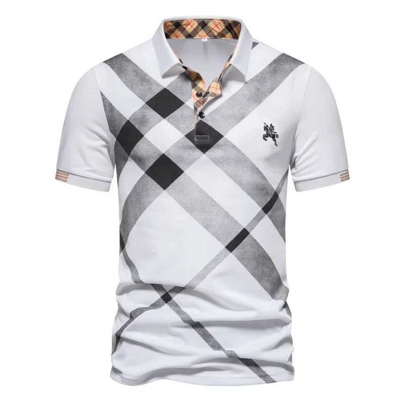 Summer Mens Short Sleeved Polo Shirt Business Casual Classic Diagonal Striped Plaid Neck Thin Fitting Breathable Mens ClothingX240920