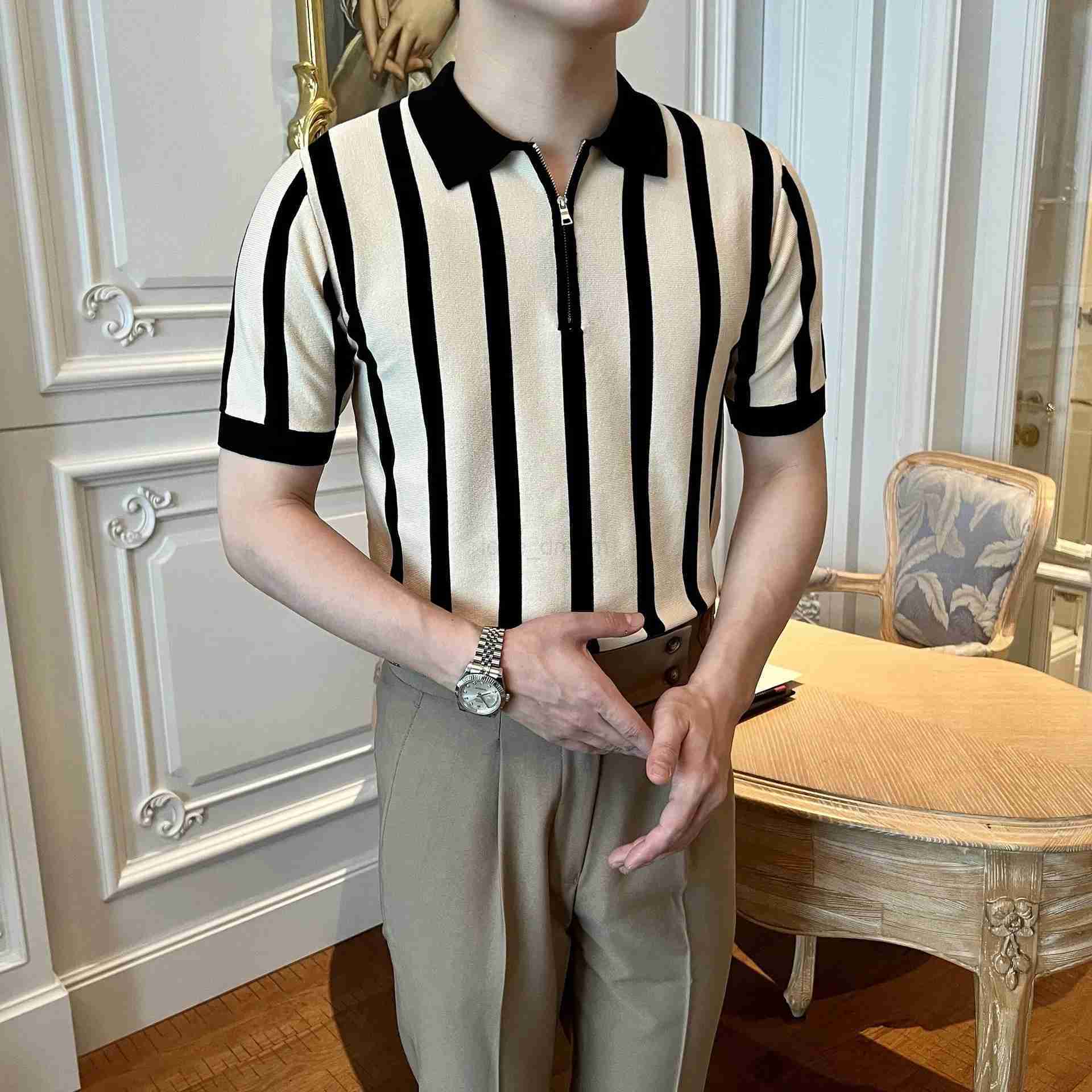 Mens Clothing Leisure Light Luxury Knitted Polo Shirt Korean Striped Zipper Short Sleeve Retro Breathable Fashion Knitwear TeesXJ240920