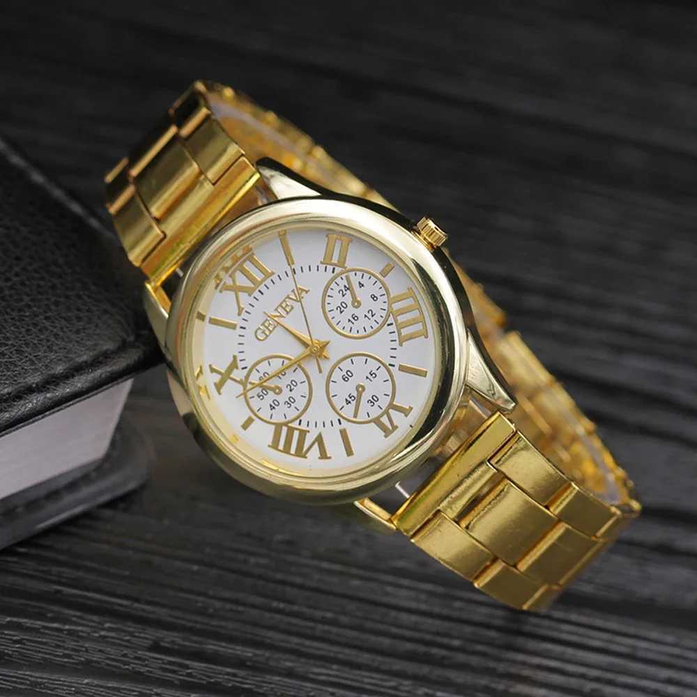Classic New 2024 Geneva 3 Eyes Gold Casual Women Watch Men Stainless Steel Ladies Clock Quartz WristwatchesX240920