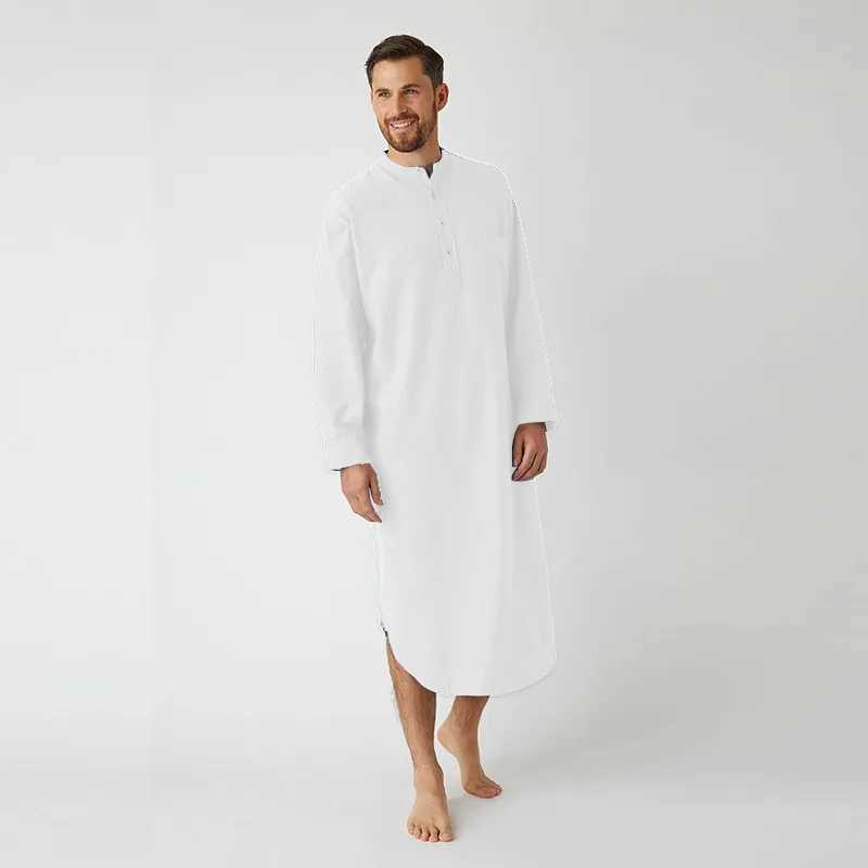 Mens Retro Stand Collar Muslim Nightgown Home Wear Long Sleeve Pocket Button-down Solid Color Sleep Robes Leisure 2024 New Y240919