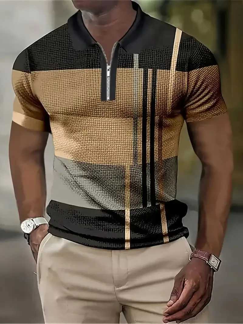 Summer Lapel Mens Polo Shirt Retro Stripe Printing Casual Slim Fit Golf Clothing Sports/Business/Work/Street Plus Size MensX240920