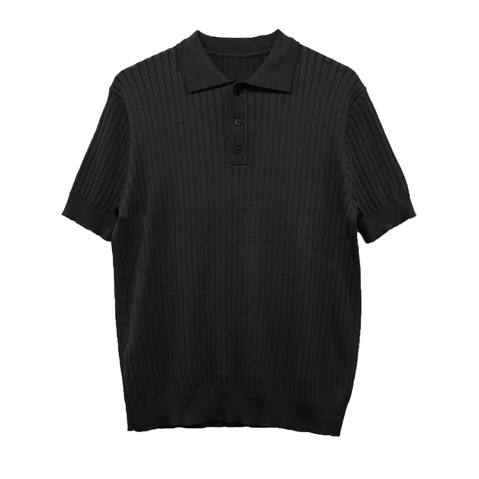 Mens Clothing Luxury Knitted Polo Shirt Casual Striped Button-down Solid Color Short Sleeve Breathable Knitwear Retro LeisureXJ240920