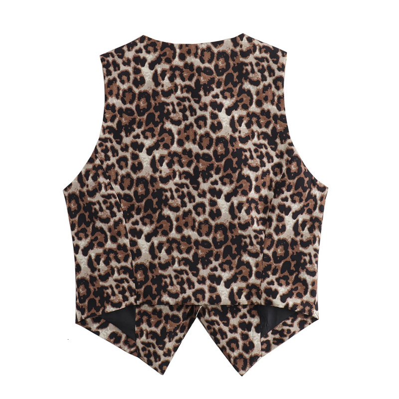 TRAF Leopard Women Vintage Sleeveless Woman Outerwears Animal Print Cropped Suit Vest V Neck Waistcoat Short Coats