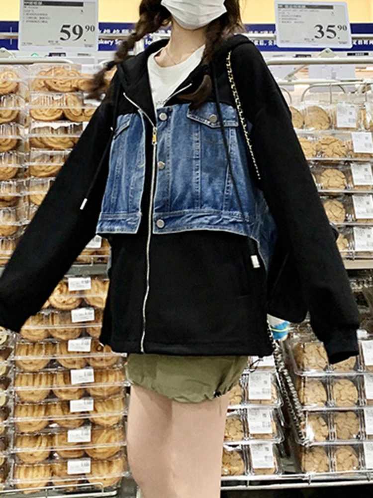 LANMREM Streetwear Hooded Jackets Women Denim Patchwork Design Zipper Loose Coat Fashion 2023 Autumn New Clothing 2AA3106X240920