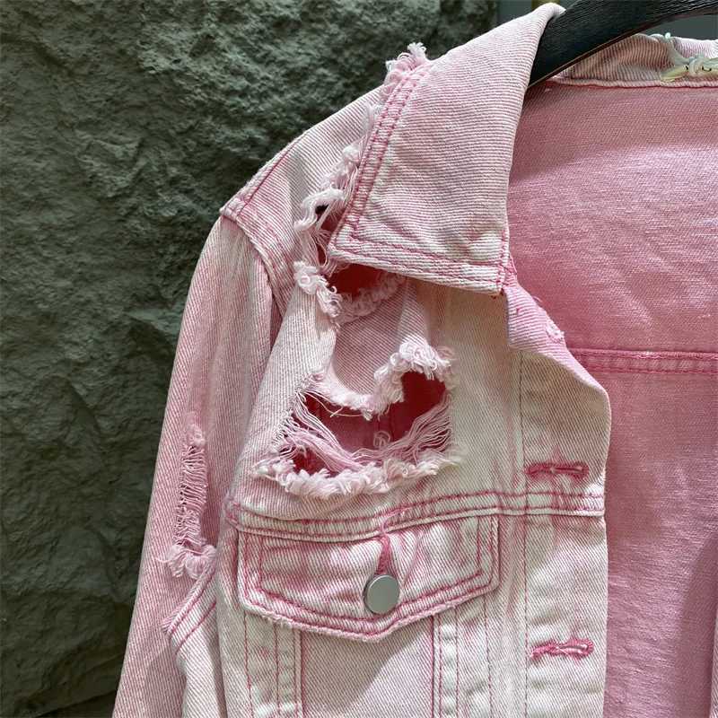 Autumn Pink Short Denim Jacket Women Spring New Slim Holes Single-Breasted Jean Coats Long Sleeve Frayed Outwear Femme DenimwearX240920