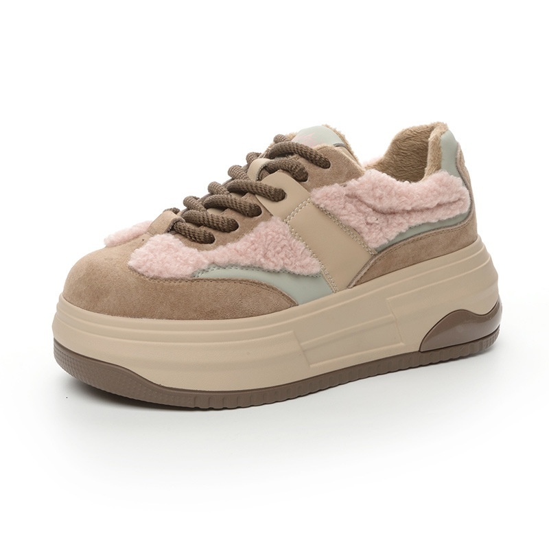 Trendy brand color blocked suede board autumn winter 2024, new thick soled, height increasing, internet famous, warm and casual fur shoes for women