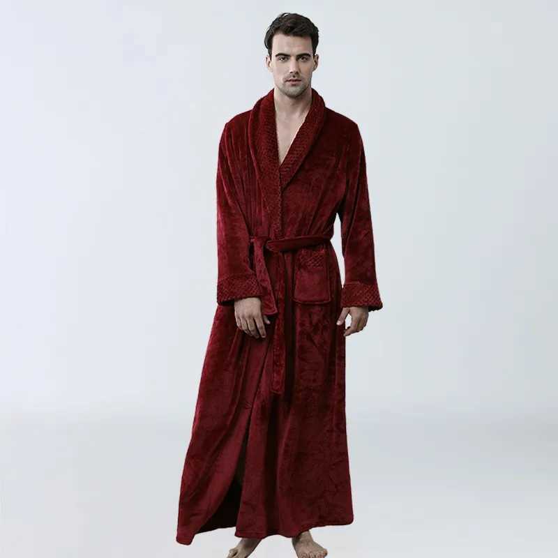 Popular Mens Sleeping Robe Autumn and Winter Coral Fleece Bathrobe Solid Color Soft Mens Bathrobe Coral Long Home Clothes Y240919