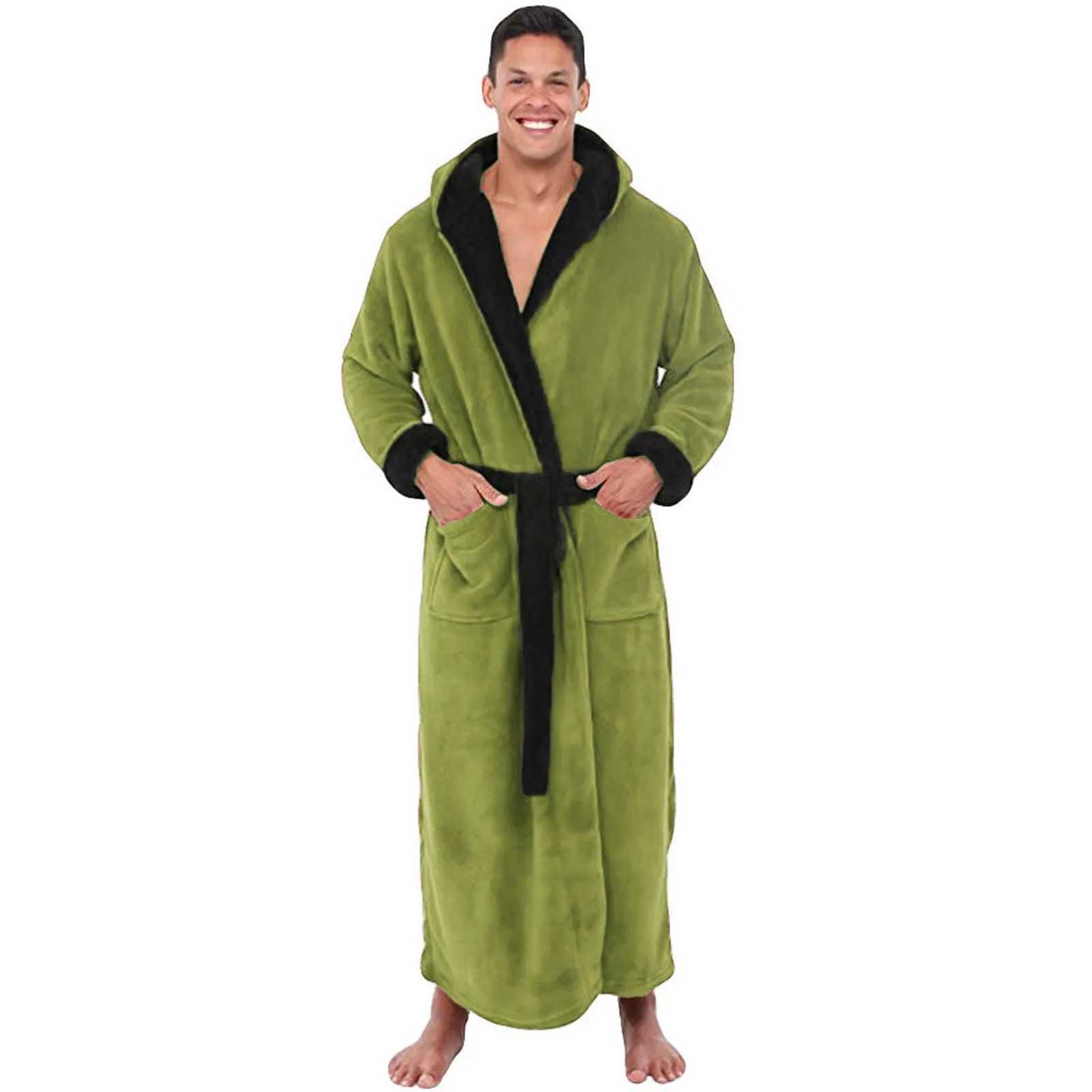 Mens Winter Plush Bathrobes 2023 Winter Lengthened And Thickend Shawl Night Gown Clothes Hooded Long Sleeved Pajama Loungewear Y240919