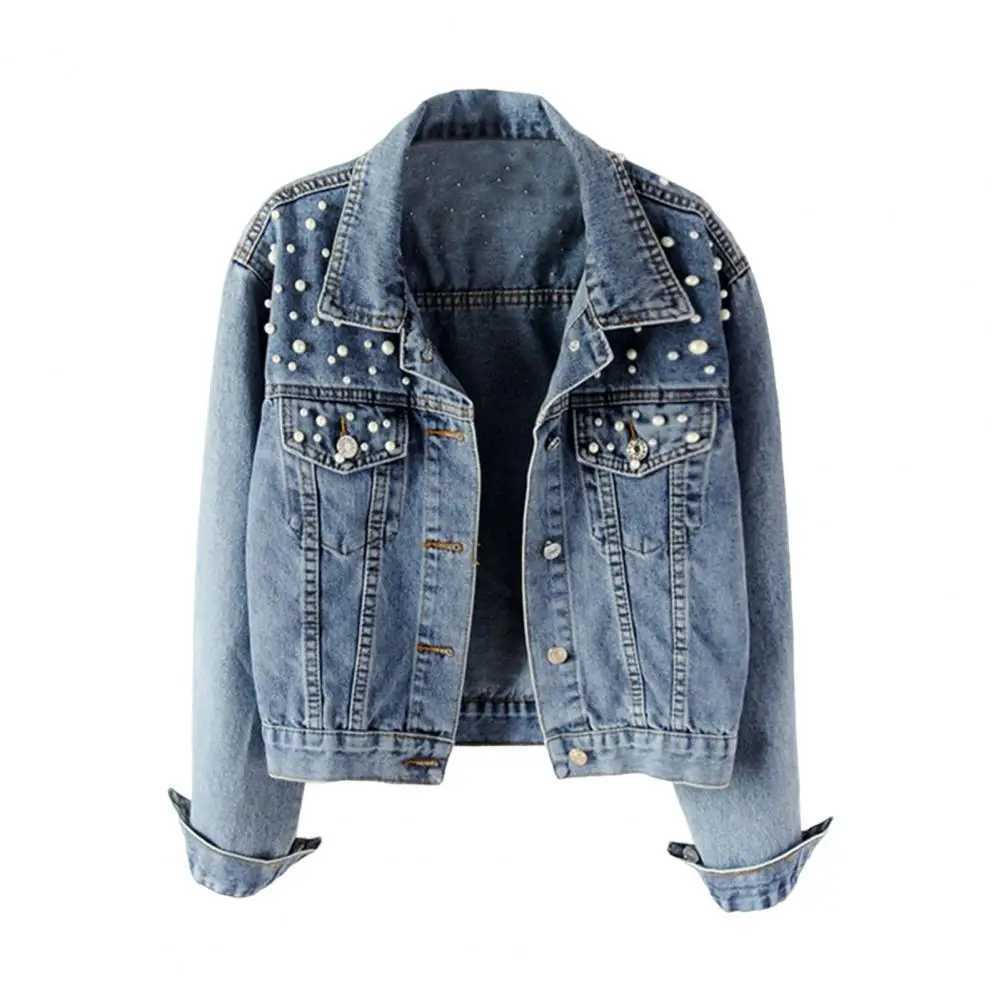 Chic Women Denim Jacket Cool Keep Warm Colorfast Imitation Pearl Easy to Match Women Coat Lady Denim Jacket Beads DecorX240920