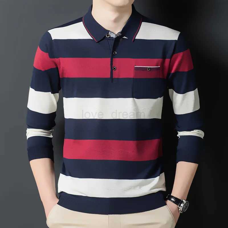Autumn Winter Polo New Mens Clothing Loose Striped Long Sleeve Tees Turn-down Collar Shirt Business Casual Fashion Pockets TopsXJ240920