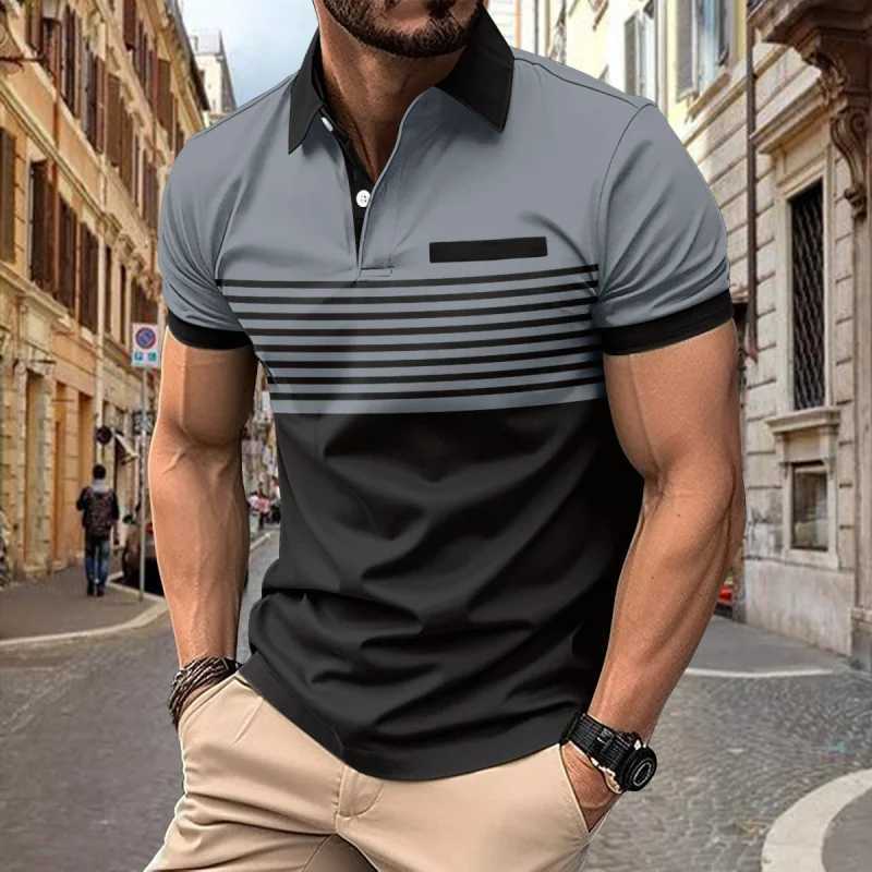 2024 Summer New Mens Casual POLO Shirt Chest Pocket V-Collar Button Stripes Colorblock All-Matching T-shirt Free ShippingXJ240920