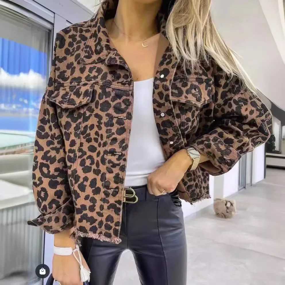 Mandylandy Autumn Denim Coat Leopard Print Long Sleeve Short Loose Casual Coat for Women Pockets Ripped Denim Outwear JacketsX240920
