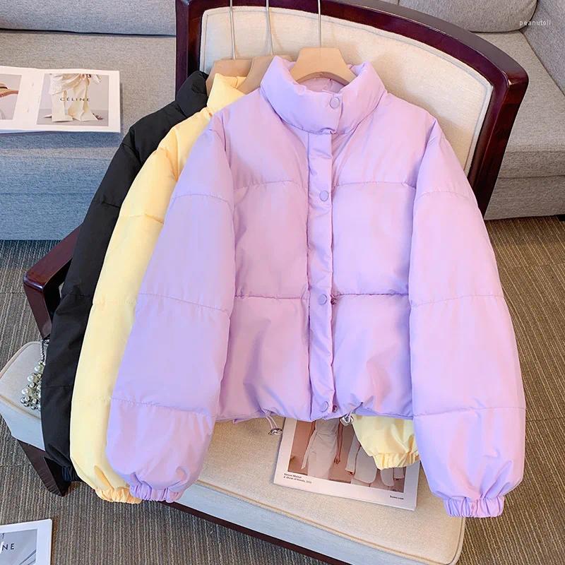 Women's Jackets Purple Short Winter Coat For Women Stand Collar Parka With Zippers Lace-Up Padded Jacket Korean Clothes Fashion B4