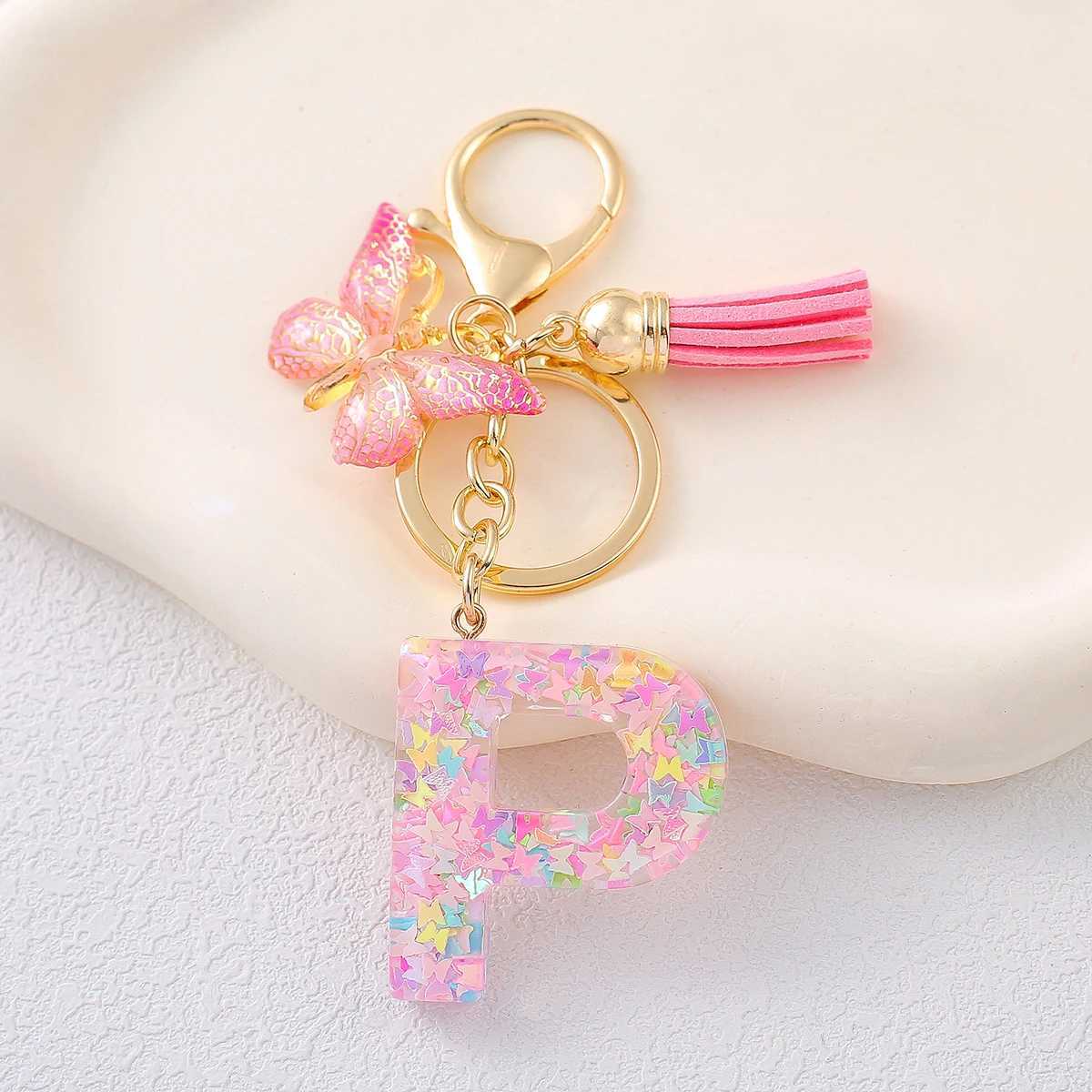 Fashionable Cute Tassel Alphabet Keychain Resin Colorful Sequins Butterfly Letter Keyring Ideal For Ladies Festive Purse CharmX240919