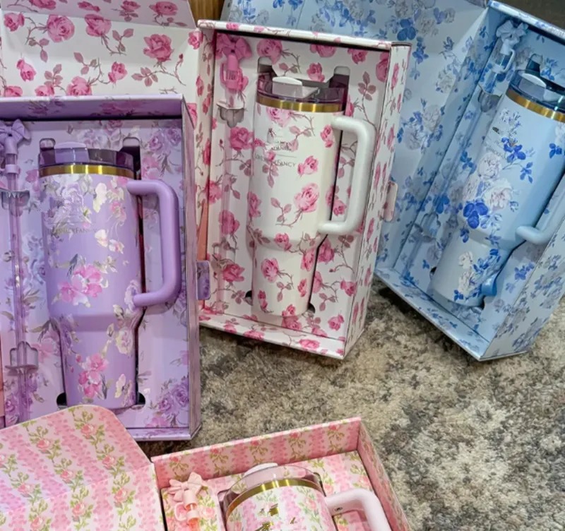 US Stock Blue Magnolia Pink Rose Lilac Floral Black Chroma Pink Flamingo Tumbler H2.0 40oz Stainless Steel Cups handle Lid And Straw Car mugs Water Bottles New