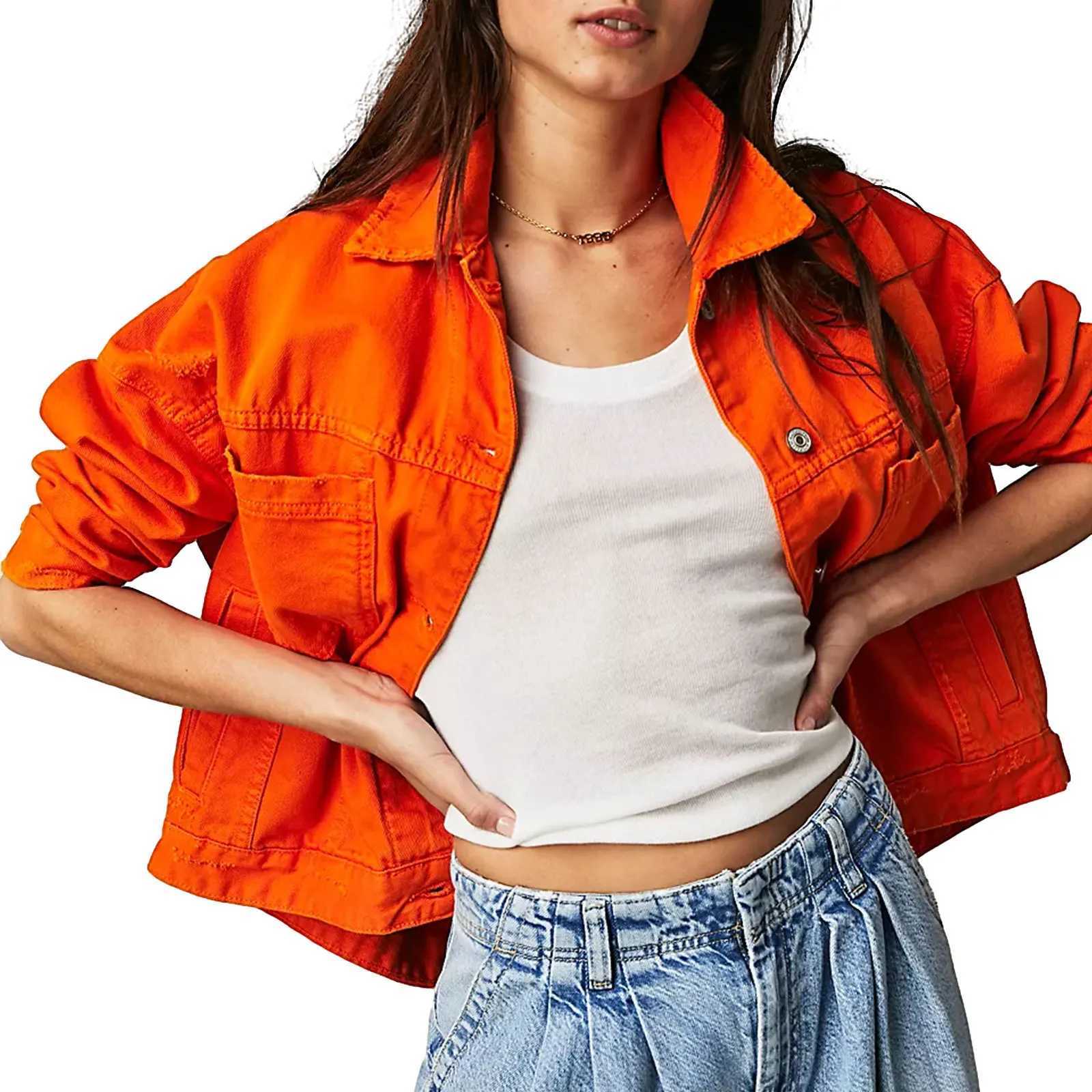 Denim Coat Single Breasted Women Jackets Turn Down Collar Outerwear Cardigan Solid Loose Pockets Washed Button High StreetX240920