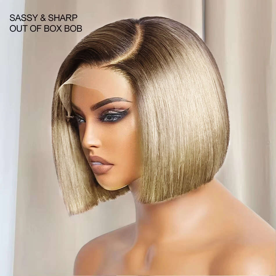 Put On & Go Blunt Cut Blonde Straight Bob Wigs Minimalist HD Lace Frontal Glueless Wig Human Hair Ready To Wear C Part