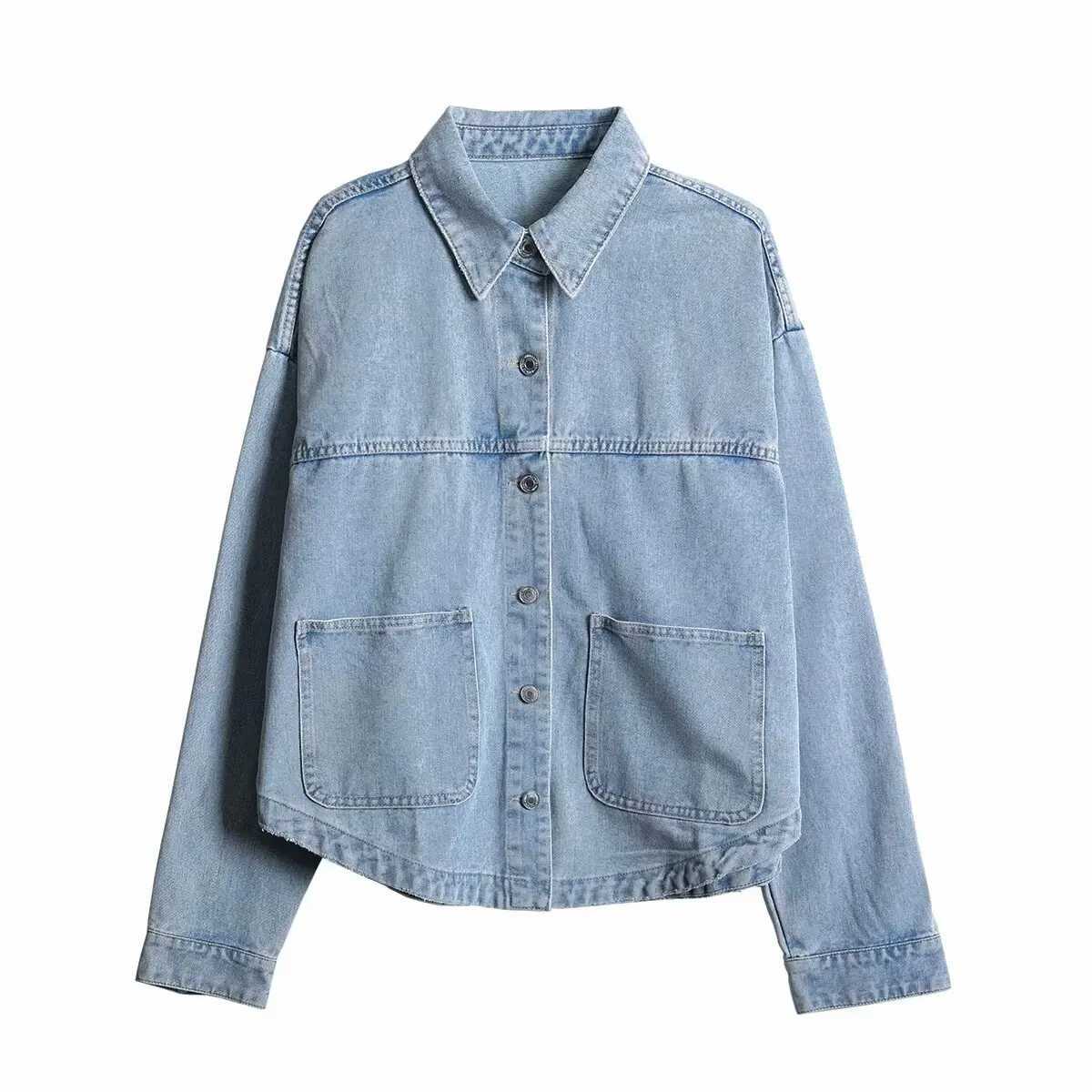2024 ZAR4 Summer New Womens Loose Casual Lapel Long sleeved Patch Bag Decoration denim jacketX240920