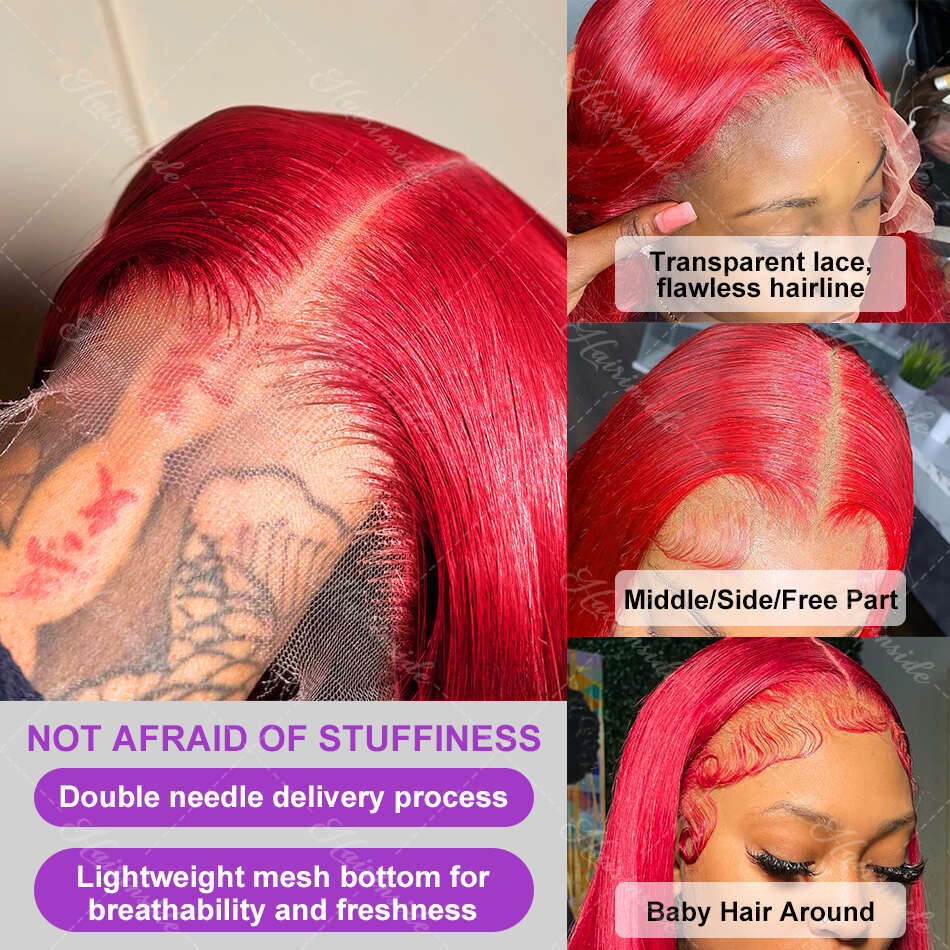 30Inch Brazilian 13x6 HD Front Human Hair Wigs 220% Red Color Bone Straight 13X4 Transparent Lace Frontal Wig For Women