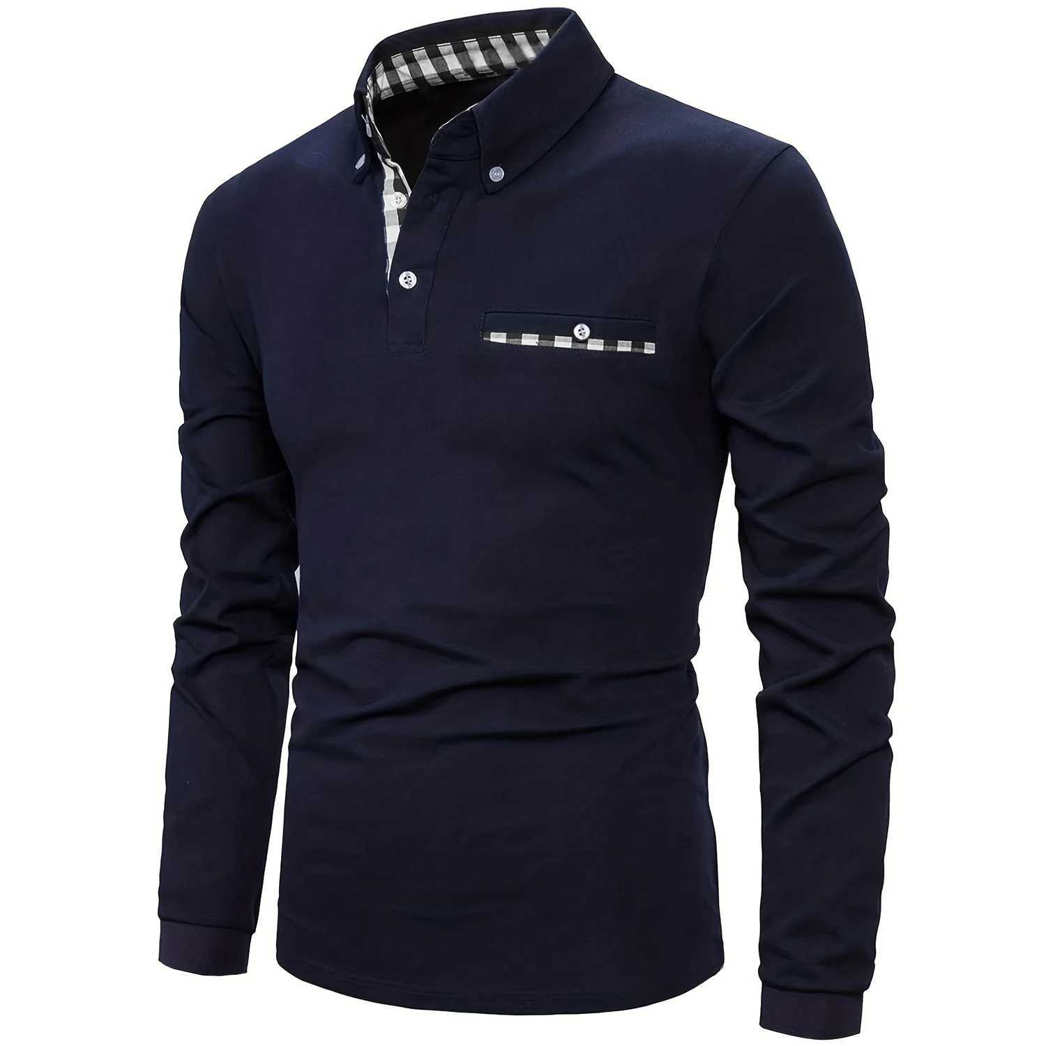 2023 Autumn New Fashion Mens Long Sleeve Solid Color Classic Polo Shirt Casual Business Patchwork Plaid Collared Shirts for MenX240920