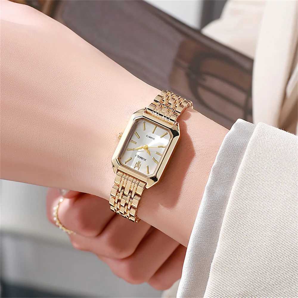 Luxury Ladies Fashion Quartz Watch Simple Scale Square Quality Gold Plated Women Watches Business Stainless Steel Folding ClockX240920