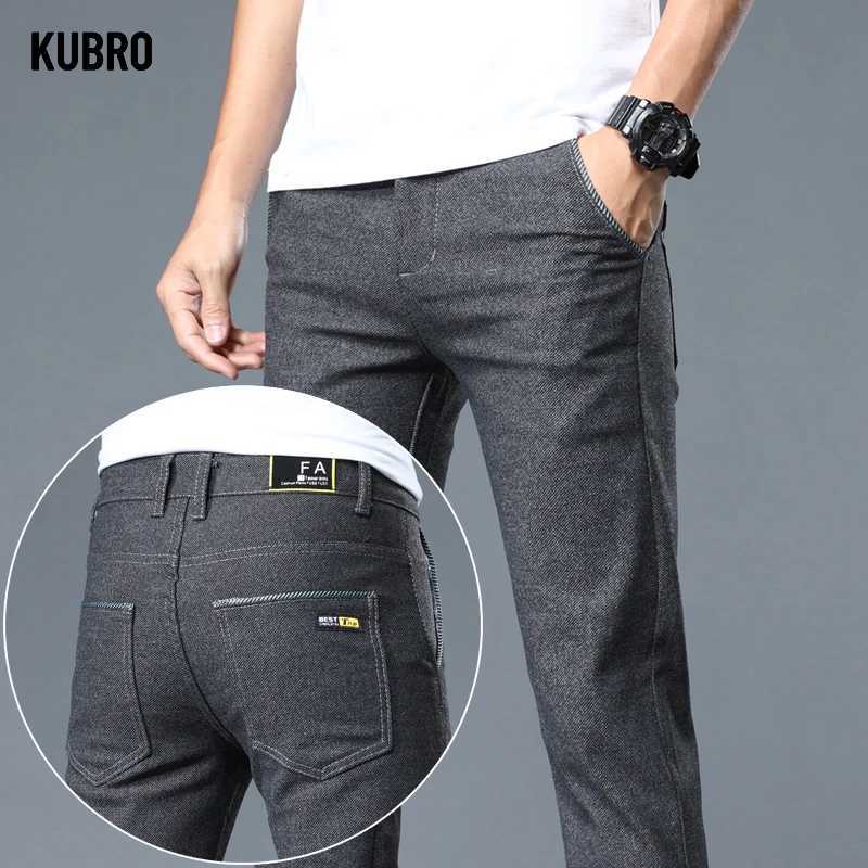 KUBRO mens brushed fabric casual pants business fashion slim fit elastic thick gray blue pure cotton mens pants W240919