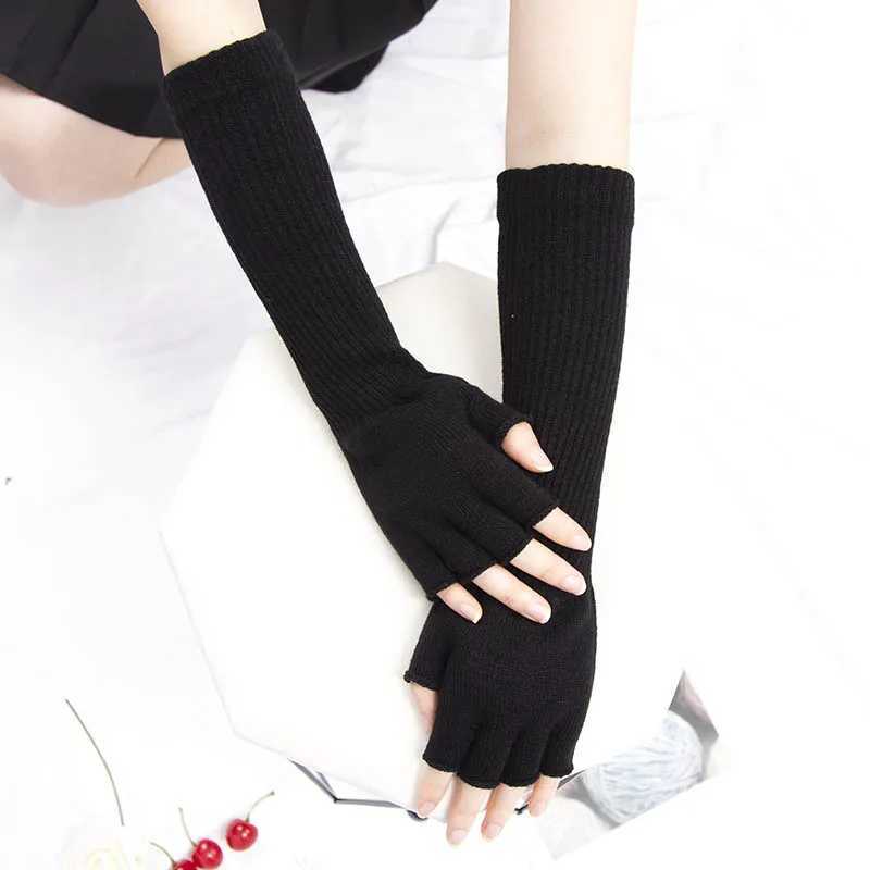 1Pair Black Unisex Half Finger Fingerless Gloves for Women Men Wool Knit Wrist Cotton Gothic Gloves Winter Warm Workout Gloves Y240919