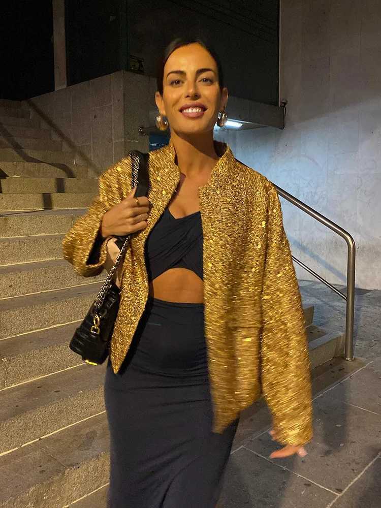 HH TRAF Autumn Sequins Golden Loose Jacket for Women Sparkle Long Sleeve Casual Bomber Jacket with Pockets Female Fashion CoatsX240920
