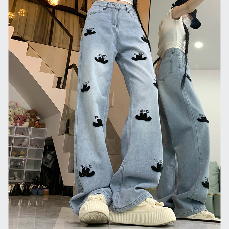 2026 Women Spring New High Waist Denim Straight Jeans Lady Embroidery Designer Casual Pants Girls Light Blue Wide Leg Trousers
