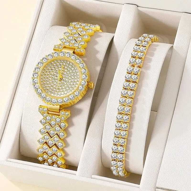 2pcs Womens Fashion Simple Gold Steel Band Quartz Watch Female Clock Women Bracelet Watches Set With DiamondsX240920