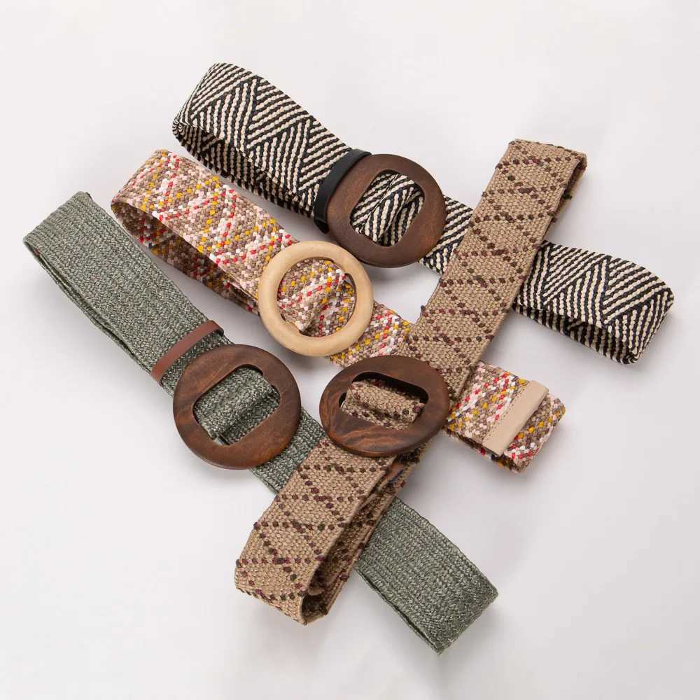 Wooden buckle jade buckle womens dress with casual womens woven broadband womens designer womens elastic PP grass strap W240920
