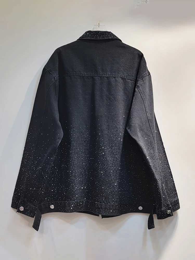 DEAT Women Denim Coat Turn-down Collar Full Diamonds Hot Rhinestone Black Loose Single Breasted Jackets 2024 Autumn New FashionX240920