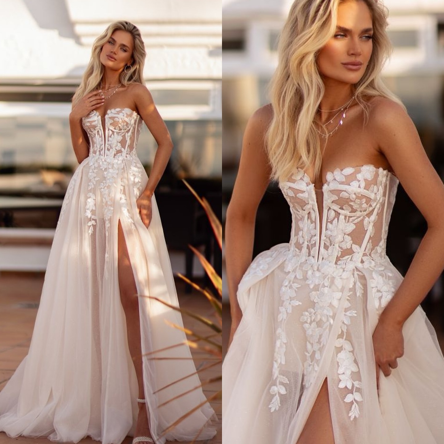 Boho Romantic A E Dresses Bridal Gowns Sweetheart Lace Wedding Dress Plus Size Thigh Split Sweep Train Backless Appliqued Beach Vestidos De Novia