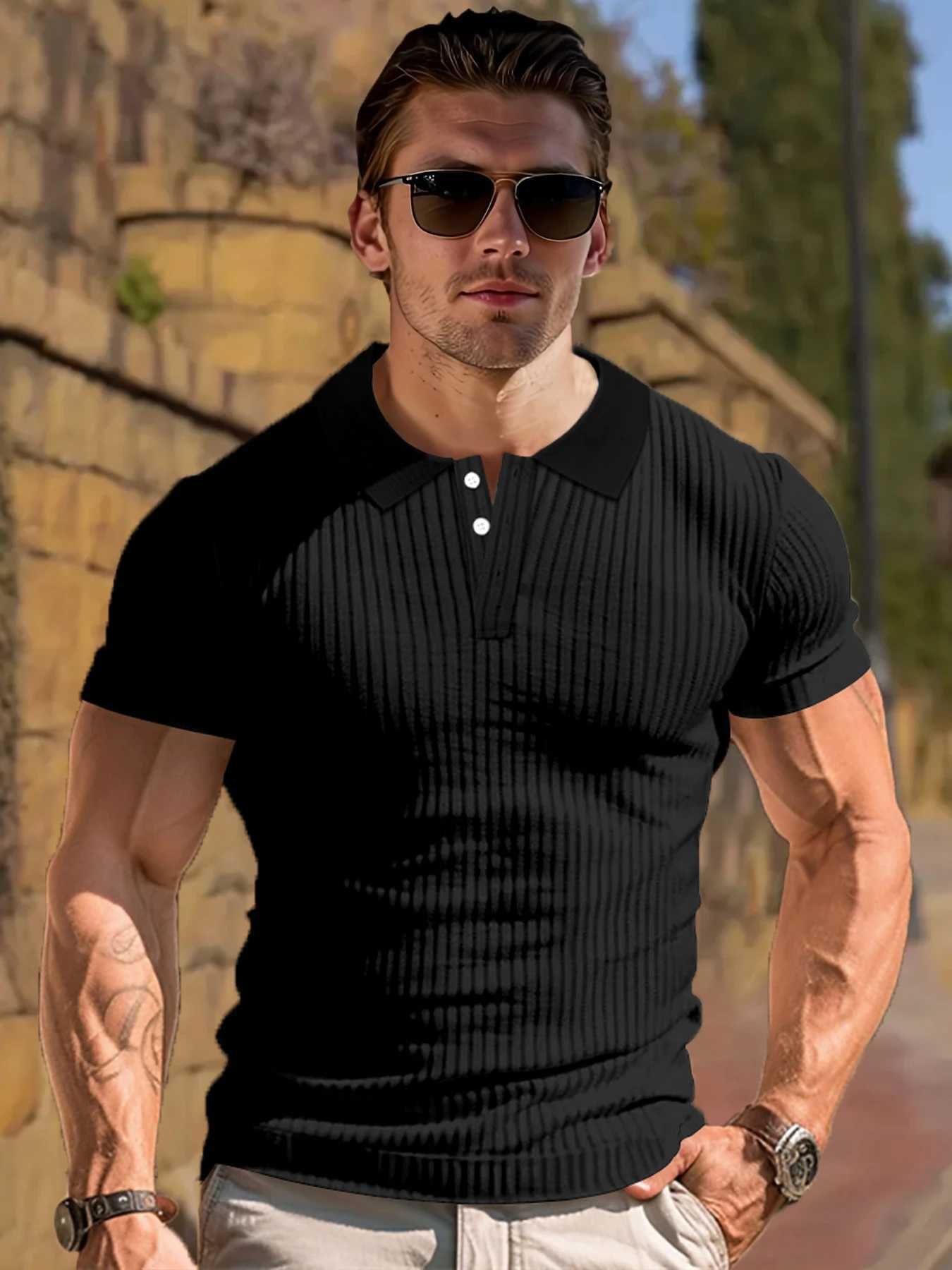 New Summer Polo Men Solid Stripe Fitness Elasticity Short Sleeve Polo Shirts for Men Fashion Stand Collar Mens ShirtsX240920