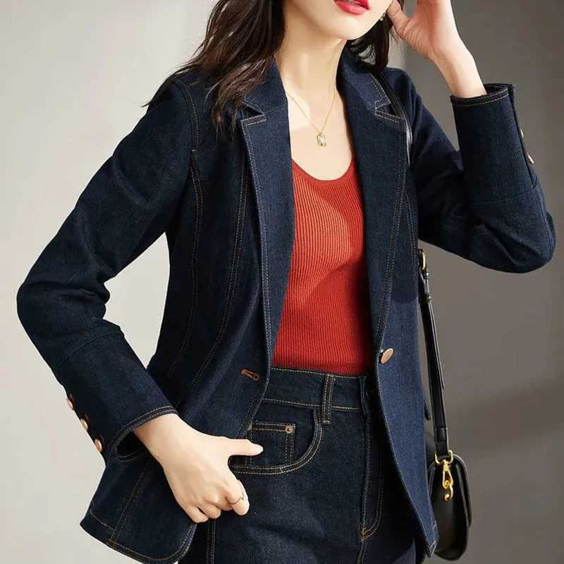 Spring Autumn Denim Blazer New 2024 Womens Long Sleeved One Button Short Jeans Jacket Ladies Slim Cowboy Coats Outerwear FemaleX240920