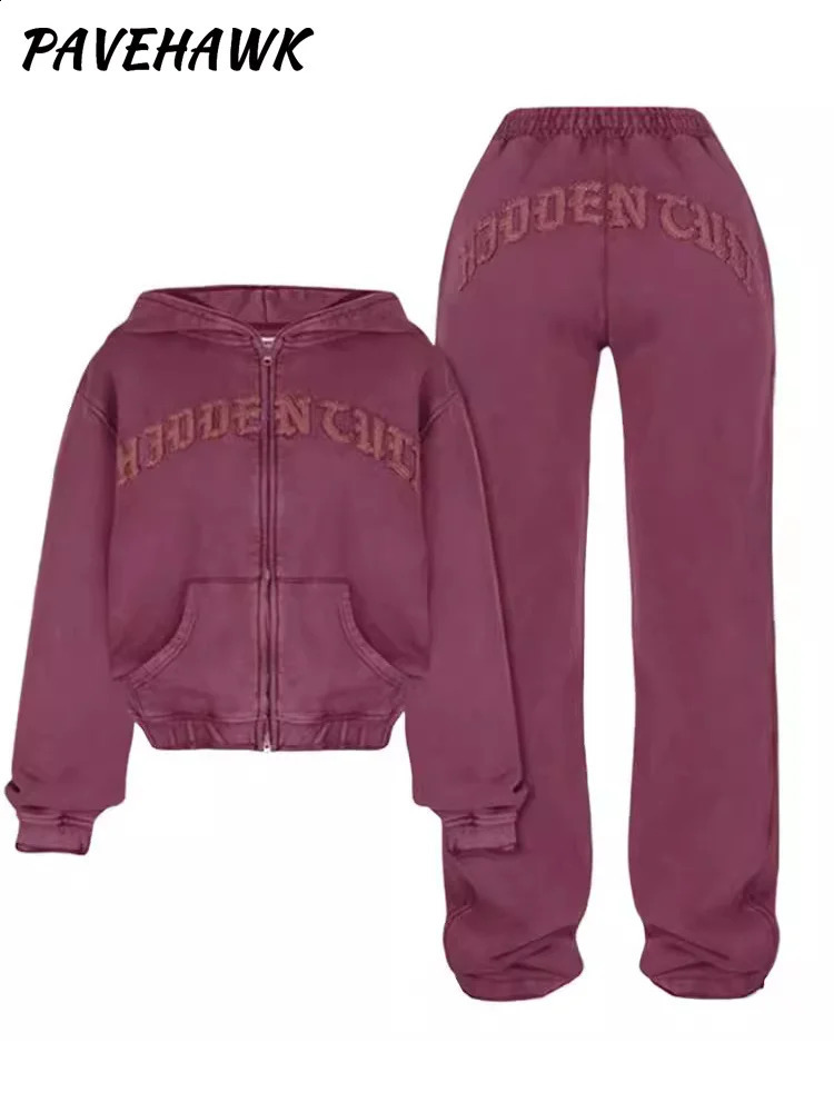 Women 2 Piece Sets Cropped Hoodies Sweatpant Casual Long Sleeve Zipper Jackets Print Hip Hop Sweatshirts Sport Y2K Tracksuit 240920