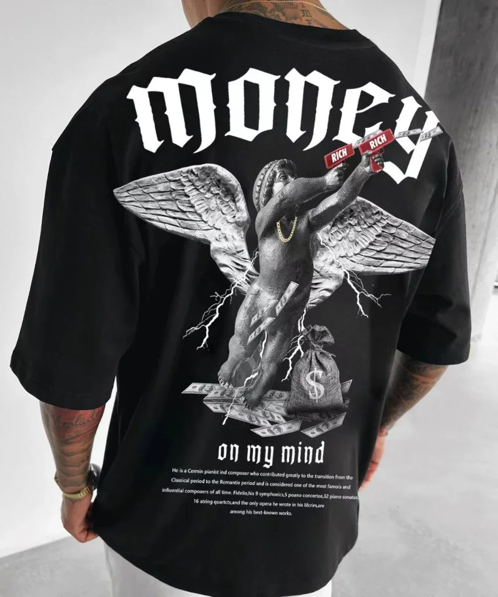 Summer Hot Selg Trendy Men's Loose Fitting T-shirt Money Angel Print Short Sleeved Muscular Round Neck Pure Cotton Top