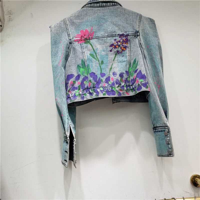 Streetwear Fashion Hand-painted Flower Graffiti Printing Short Denim Jacket Spring Autumn Women Lapel Long Sleeve Jeans JacketX240920