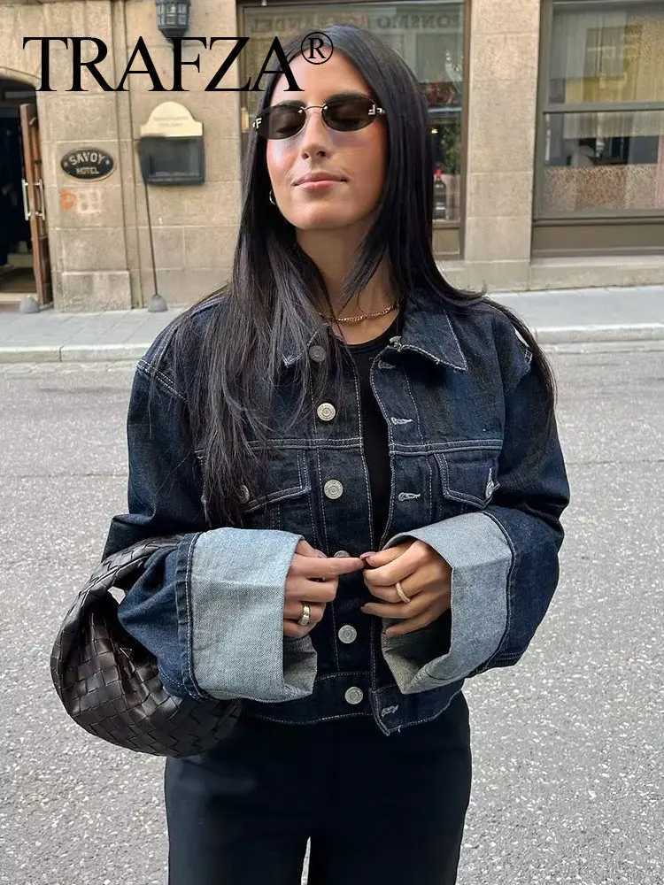 TRAFZA Women Vintage Denim Jacket Single Breasted Lapel Long Sleeve Coat With Pockets Dark Blue Denim Jacket Fashion High StreetX240920