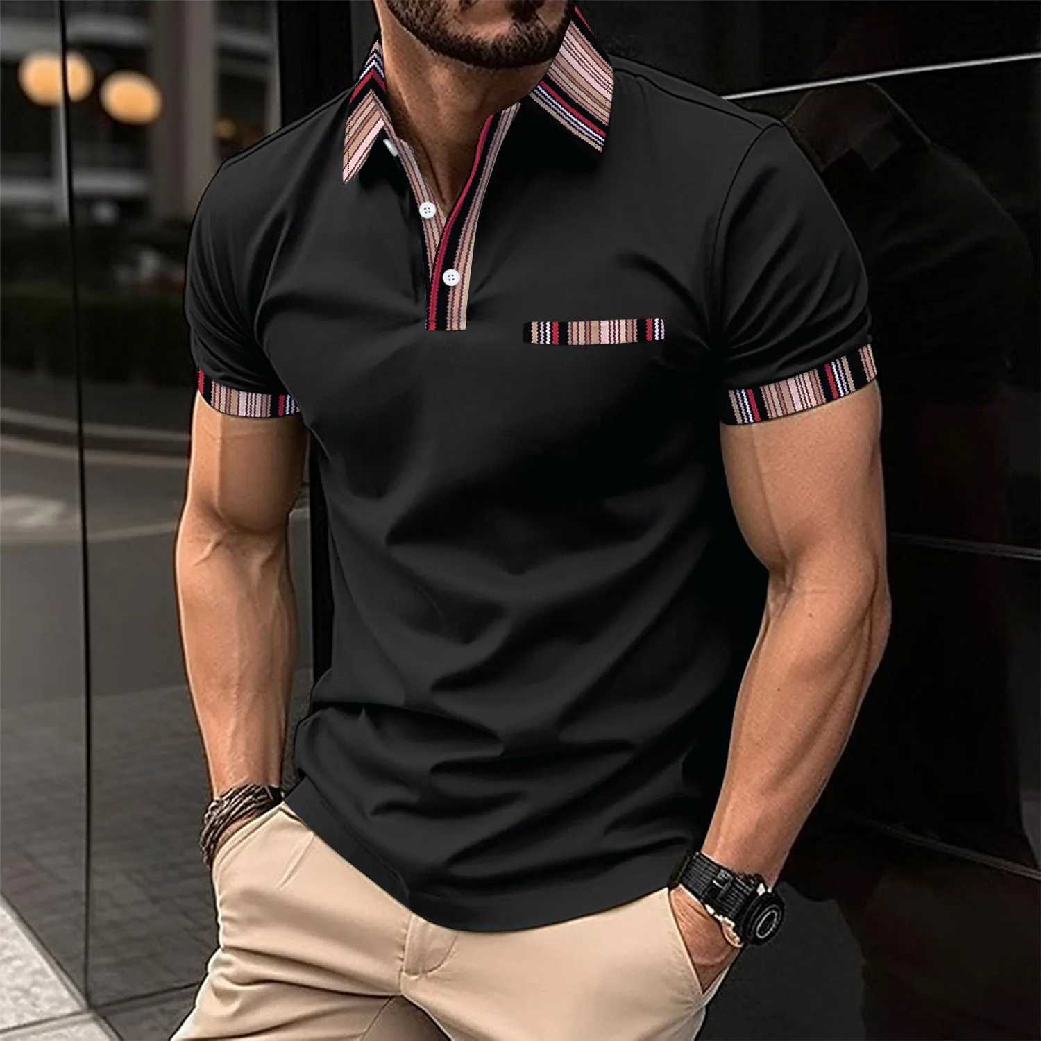 Mens casual POLO shirt chest fake pocket striped color matching buttons mens T-shirt breathable topX240920