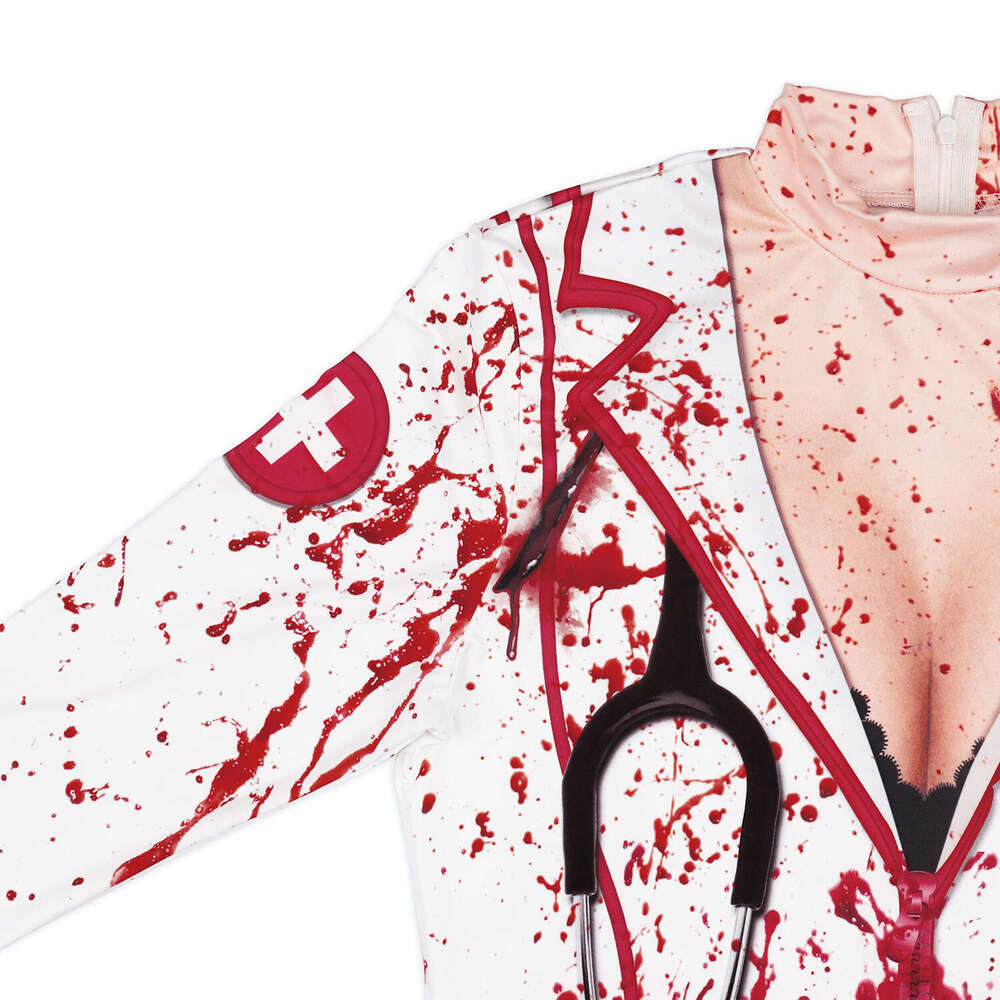 Hallowmas Hot selling womens Halloween nurse zombie round neck slim fitting long sleeved dress for women
