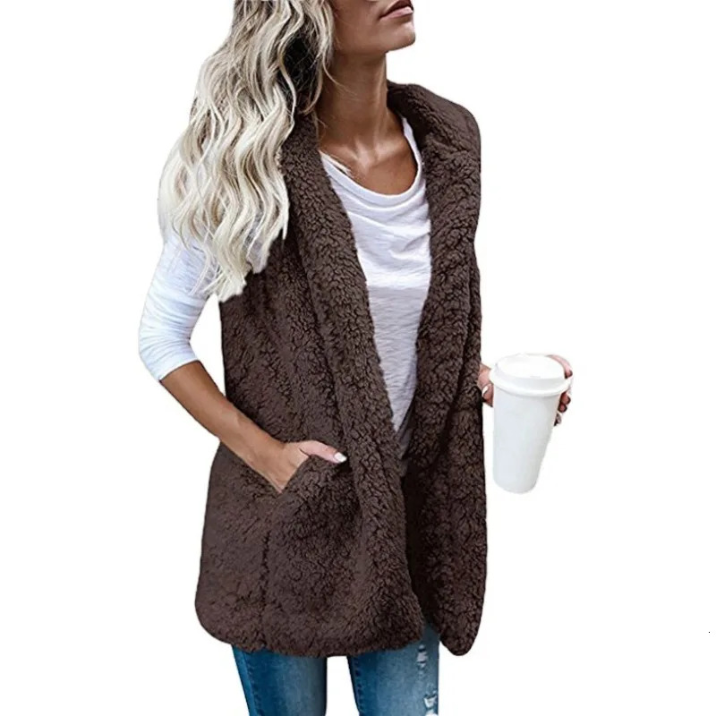 Large Women's Fashion Solid Sleeveless Hooded Pocket with Vest Fur Autumn and Winter Season