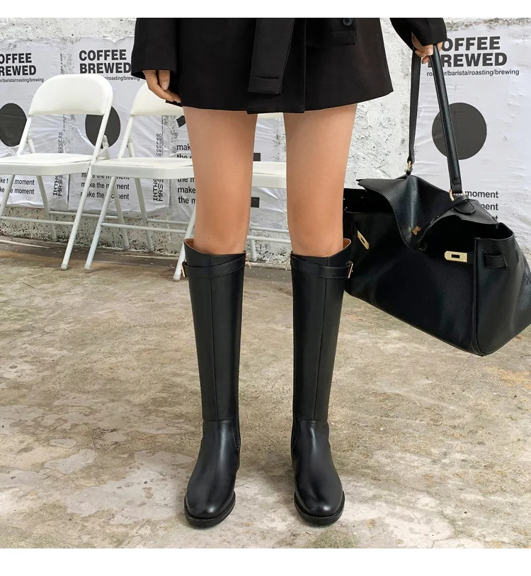Women Low Heeled Knee High Autumn Winter New Design Soft Leather Knight Boots Fashion Round Toe Warm Botas De Mujer