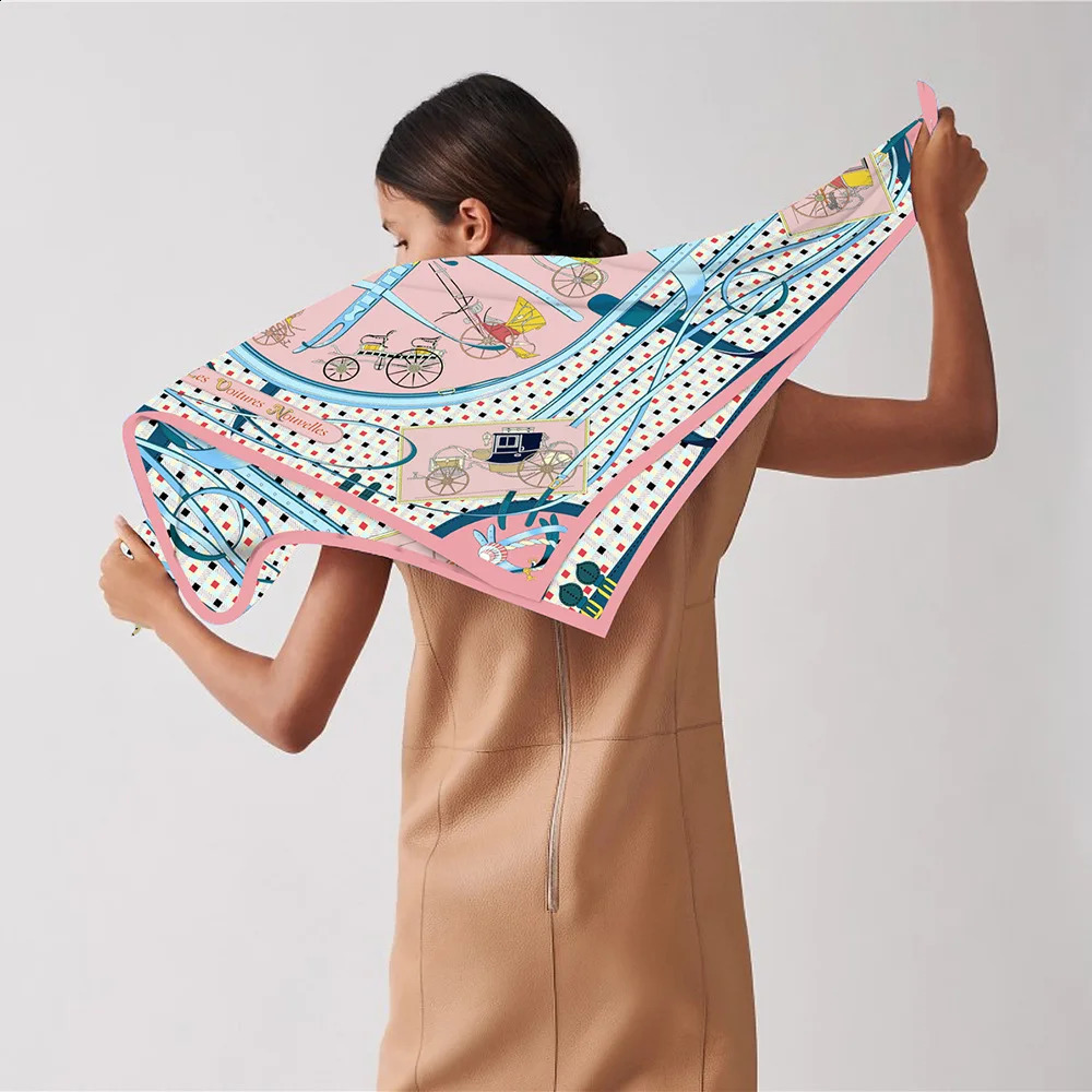 90cm Twill Silk Scarf Shawl Horse Carriage Print Square Scarves Women Hijabs Bandana Silk Foulards Neckerchief 240920