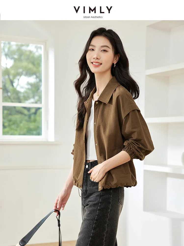 VIMLY Womens Simple Short Jacket Coat Autumn Button Baseball Aviator Cropped Jackets for Women Long Sleeve Commuter OuterwearX240920