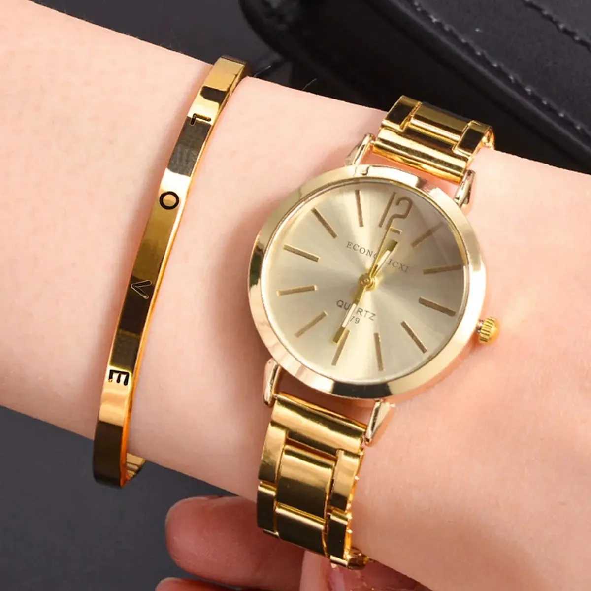 2pcs Set Watch Luxury Women Simple Dial Hollow Strap Fashion Gold Bracelet Quartz Wristwatch Student Ladies Watches Reloj MujerX240920