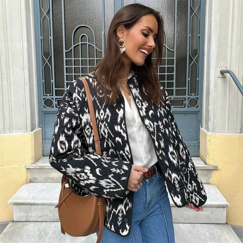 Versatile Printed Quilted Round Face Jacket Coat 2024 Spring New Womens Fashion and Elegance Streetwear OutfitsX240920