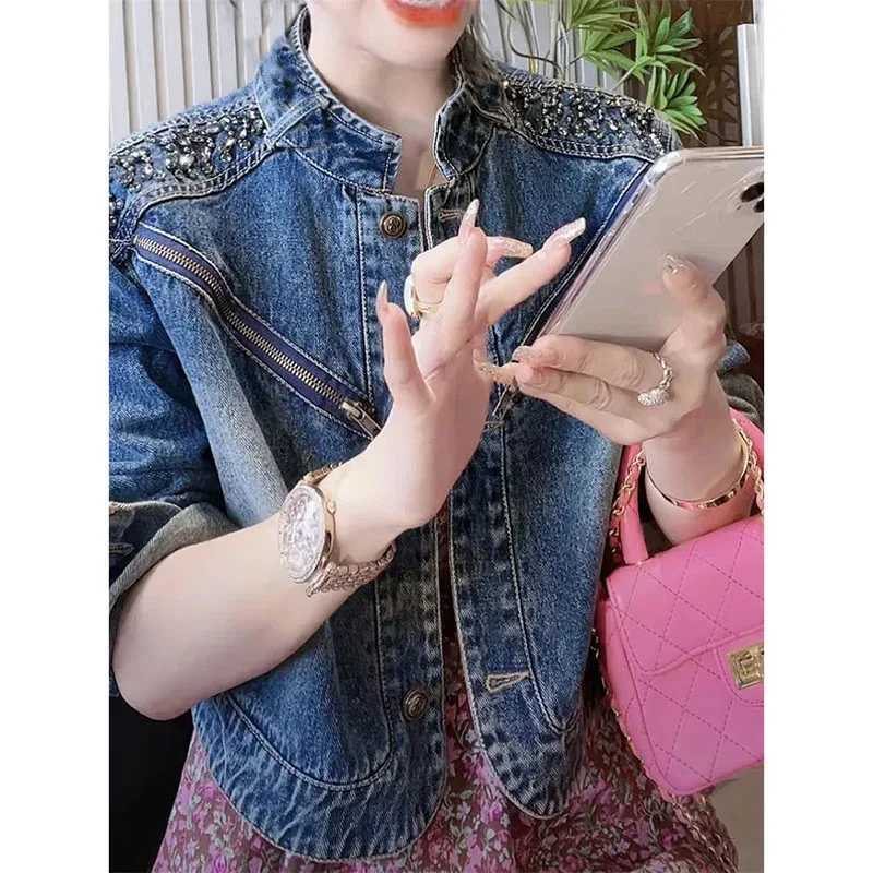 Short Cowgirl Coat Diamond-Encrusted 2024 Women New Denim Jackets Outwear Fashion Spring Autumn Zipper Denim Jacket Female CoatsX240920
