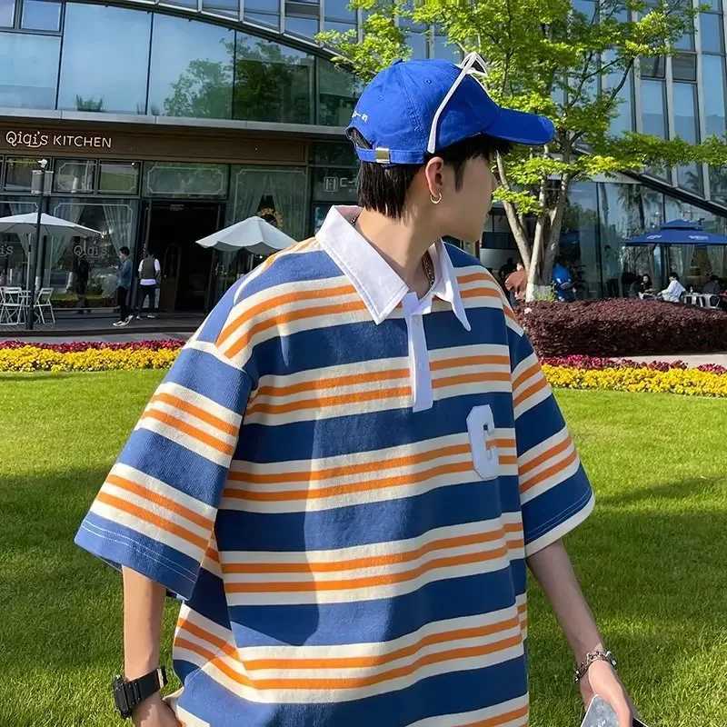 Summer Japanese Style Striped Hong Kong Style Plus Sizes Short Sleeves T-shirt Hotel Striped Polo Shirt Mens Price ControlX240920