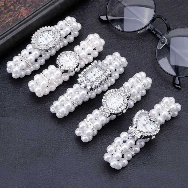 Women Watch Simulated Pearl Rhinestone Luxury Fashion Elegant Wrist Band Bracelet Jewelry Gifts Lady Elastic Universal CharmsX240920
